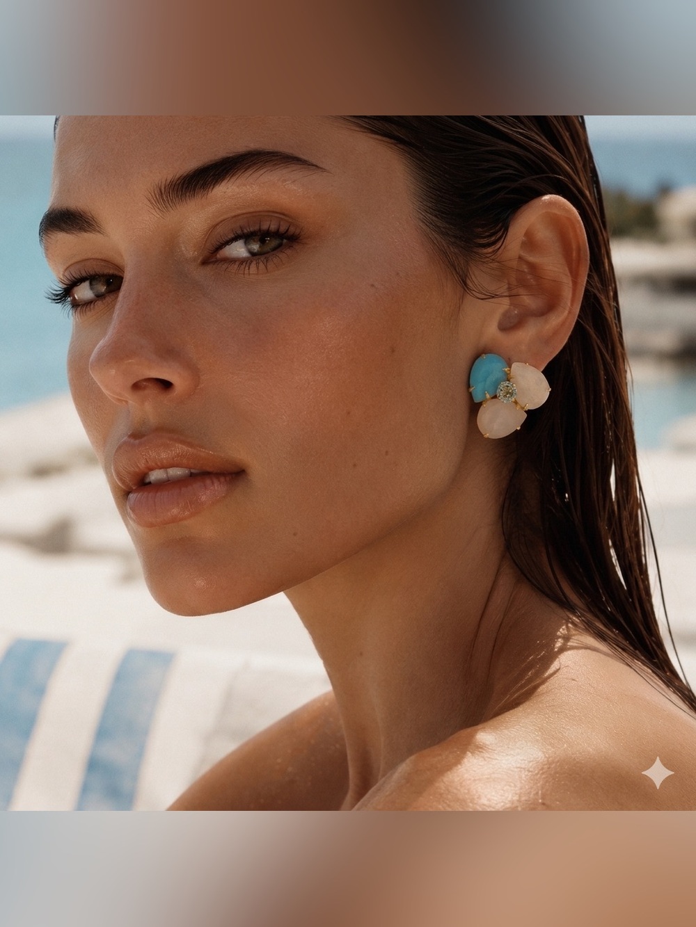 Gold-Trim Blue and Cream Floral Statement Earrings
